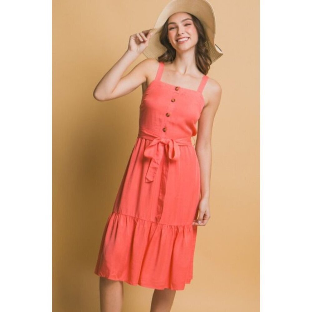 Love Tree Peach Coral Button Tie Midi Dress